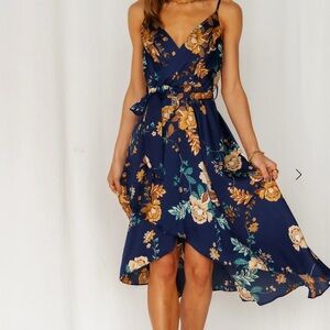 Hello Molly Floral High Low Dress in Navy and Gold